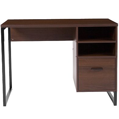 Merrick Lane Brighton Rustic Computer Desk with Shelving and Storage Drawer Metal Frame Pedestal Base Home Office Desk