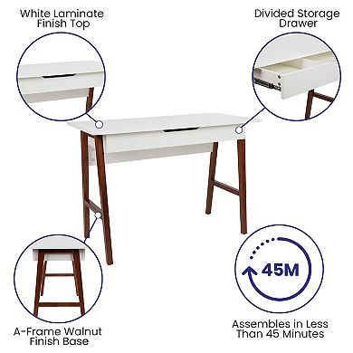 Merrick Lane Litchfield 42" Writing Desk with Divided Storage Drawer, White Finish/Walnut Legs