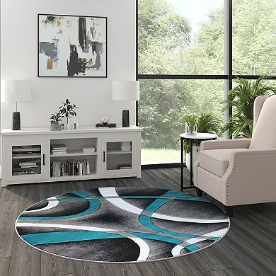 Masada Rugs Masada Rugs Sophia Collection 5'x5' Round Area Rug with Hand Carved Intersecting Arch Design in Turquoise, White, Gray & Black