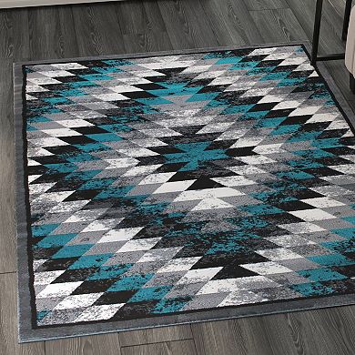 Masada Rugs Masada Rugs Stephanie Collection 4'x5' Area Rug with Distressed Southwest Native American Design 1106 in Turquoise, Gray, Black and White