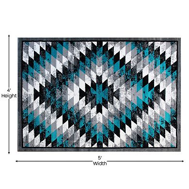 Masada Rugs Masada Rugs Stephanie Collection 4'x5' Area Rug with Distressed Southwest Native American Design 1106 in Turquoise, Gray, Black and White
