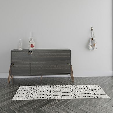 Merrick Lane Ivory Bohemian Low Pile Rug with Black Geometric Design - 2' x 6'