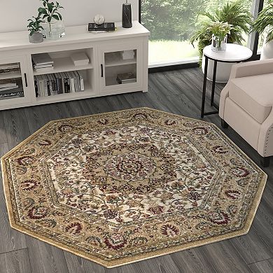 Masada Rugs Masada Rugs Bellagio Collection 5'x5' Traditional Octagon Area Rug in Ivory - Design B401