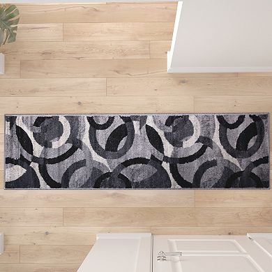 Masada Rugs Masada Rugs, Thatcher Collection Accent Rug with Interlocking Circle Pattern in Black/Grey with Olefin Facing and Natural Jute Backing - 2'x7' Runner