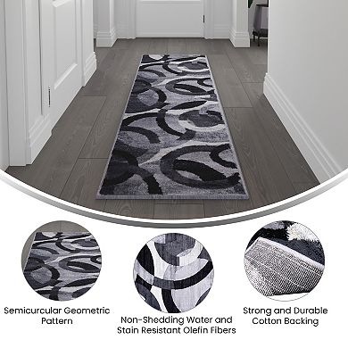 Masada Rugs Masada Rugs, Thatcher Collection Accent Rug with Interlocking Circle Pattern in Black/Grey with Olefin Facing and Natural Jute Backing - 2'x7' Runner