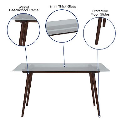 Merrick Lane Meriden 31.5" x 55" Rectangular Solid Walnut Wood Table with Clear Glass Top