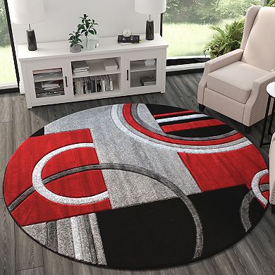 Masada Rugs Masada Rugs Sophia Collection 8'x8' Hand Sculpted Modern Contemporary Round Area Rug in Red, Gray, White and Black