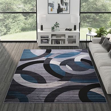 Masada Rugs Masada Rugs, Thatcher Collection Accent Rug with Interlocking Circle Pattern in Blue and Grey with Olefin Facing and Natural Jute Backing - 8'x10'