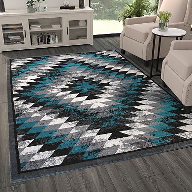 Masada Rugs Masada Rugs Stephanie Collection 6'x9' Area Rug with Distressed Southwest Native American Design 1106 in Turquoise, Gray, Black and White