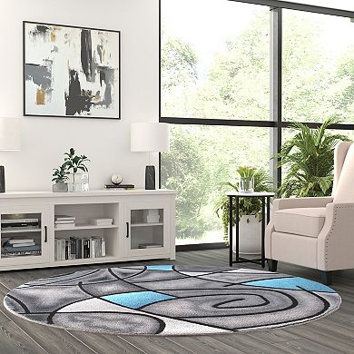 Masada Rugs Masada Rugs Trendz Collection 7'x7' Round Modern Contemporary Round Area Rug in Blue, Gray and Black