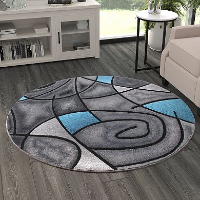 Masada Rugs Masada Rugs Trendz Collection 7'x7' Round Modern Contemporary Round Area Rug in Blue, Gray and Black