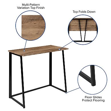 Merrick Lane Oakdale Rustic Natural Folding Computer Desk with Wood Grain Finish Top and Black Folding Metal Legs