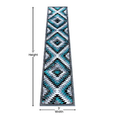 Masada Rugs Masada Rugs Stephanie Collection 3'x11' Area Rug Runner with Distressed Southwest Native American Design 1106 in Turquoise, Gray, Black and White