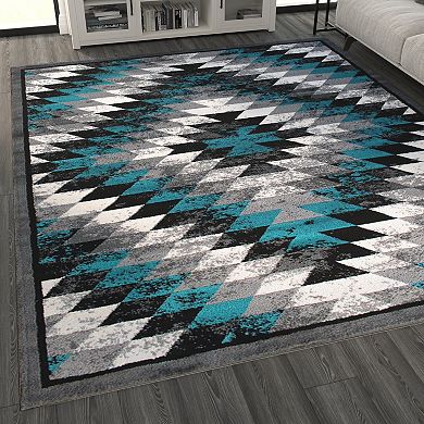 Masada Rugs Masada Rugs Stephanie Collection 8'x10' Area Rug with Distressed Southwest Native American Design 1106 in Turquoise, Gray, Black and White