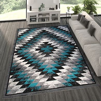 Masada Rugs Masada Rugs Stephanie Collection 8'x10' Area Rug with Distressed Southwest Native American Design 1106 in Turquoise, Gray, Black and White