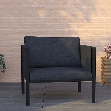 Merrick Lane Cape Cod Outdoor Patio Chair With Charcoal Removable Fabric Cushions And Black Steel Frame