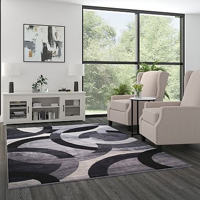 Masada Rugs Masada Rugs, Thatcher Collection Accent Rug with Interlocking Circle Pattern in Black and Grey with Olefin Facing and Natural Jute Backing - 6'x9'