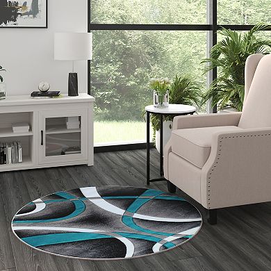 Masada Rugs Masada Rugs Sophia Collection 4'x4' Round Area Rug with Hand Carved Intersecting Arch Design in Turquoise, White, Gray & Black