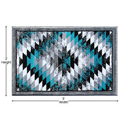 Masada Rugs Masada Rugs Stephanie Collection 2'x3' Area Rug Mat with Distressed Southwest Native American Design 1106 in Turquoise, Gray, Black and White