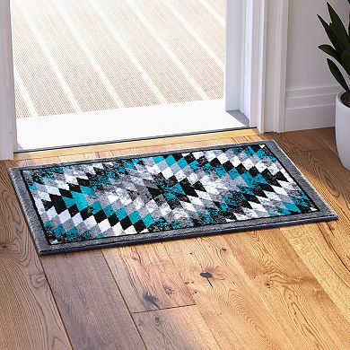 Masada Rugs Masada Rugs Stephanie Collection 2'x3' Area Rug Mat with Distressed Southwest Native American Design 1106 in Turquoise, Gray, Black and White