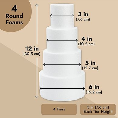 4 Piece Round Foam Cake Dummies for 12" Tall Fake Wedding Cake in 4 Sizes, for Decorating and Crafts (3, 4, 5, and 6 In)