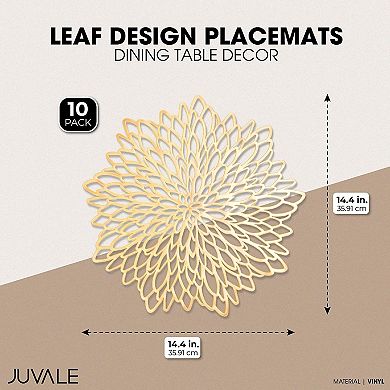 10 Pack Decorative Gold Vinyl Placemats, Bulk Round Place Mats in Leaf Design for Christmas (14.4 In)