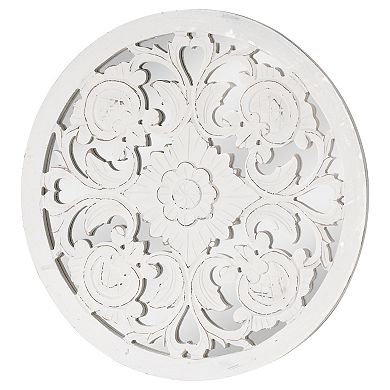 American Art D??cor Distressed Reflective Hand-Carved White Floral Wood Wall Medallion
