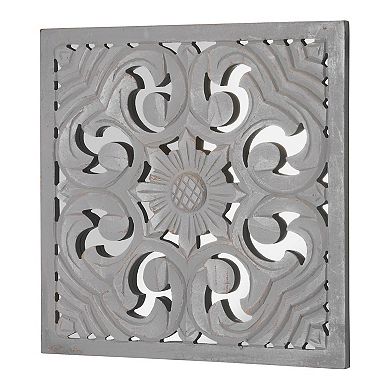 American Art Décor Distressed Reflective Grey Floral Wood Square Wall Medallion