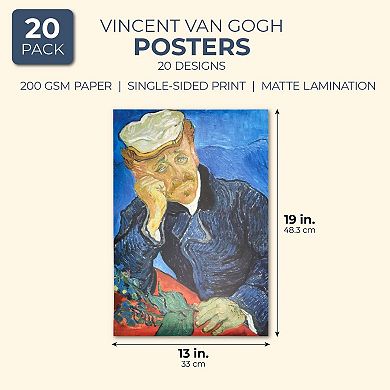 Set of 20 Unframed Vincent Van Gogh Wall Art Prints, Fine Art Posters for Gifts, Classroom, Office (13 x 19 In)