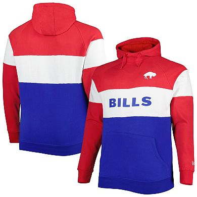 Men's New Era Red/Royal Buffalo Bills Big & Tall Throwback Colorblock Fleece Raglan Pullover Hoodie
