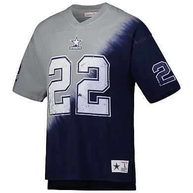 Men's Mitchell & Ness Emmitt Smith Navy/Gray Dallas Cowboys Retired Player Name & Number Diagonal Tie-Dye V-Neck T-Shirt