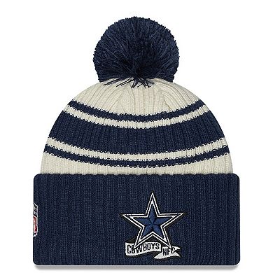 Men's New Era Cream/Navy Dallas Cowboys 2022 Sideline Sport Cuffed Pom Knit Hat