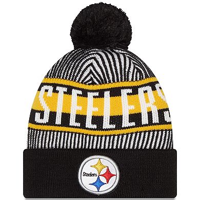 Men's New Era Black Pittsburgh Steelers Striped Cuffed Knit Hat with Pom