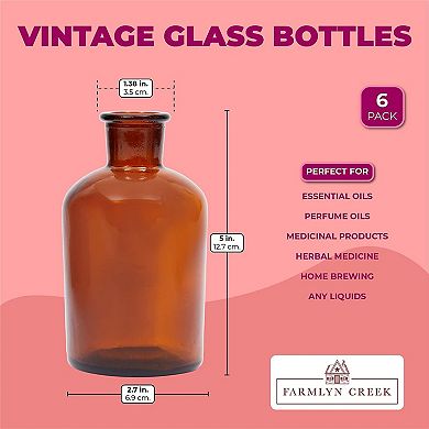 6 Pack Amber Glass Decorative Bottles, 7.5 oz Bud Vases for Flowers, Table Centerpieces, Essential Oils, Beauty Products, Home Decorations, Apothecary (2.5 x 4.8 In)