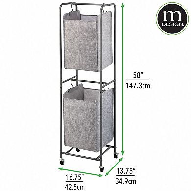 mDesign Vertical Stacked Laundry Hamper Basket with Wheels, Portable, 2 Removable Bags for Organizing Clothes, Laundry, Lights, Darks - Strong Metal Frame