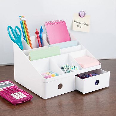 mDesign Large Plastic Divided Home Office Desk Organizer with 2 Drawers - White