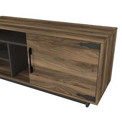 71 Inch Modern Wooden TV Console Cabinet, 2 Doors, 4 Open Compartments, Walnut and Black