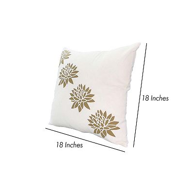 18 x 18 Square Accent Pillow, Soft Cotton Cover, Printed Lotus Flower, Polyester Filler, Gold, White