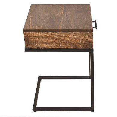 Evie Mango Wood Side Table With Drawer And Cantilever Iron Base, Brown And Black