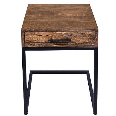 Evie Mango Wood Side Table With Drawer And Cantilever Iron Base, Brown And Black