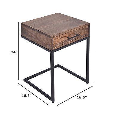 Evie Mango Wood Side Table With Drawer And Cantilever Iron Base, Brown And Black