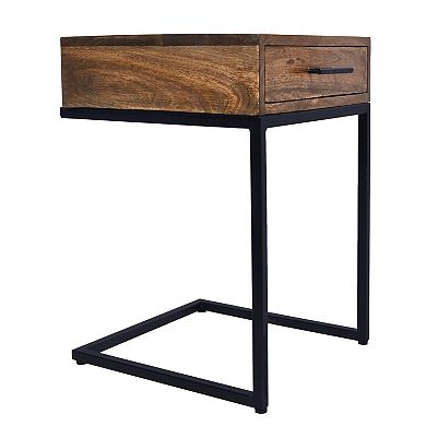 Evie Mango Wood Side Table With Drawer And Cantilever Iron Base, Brown And Black