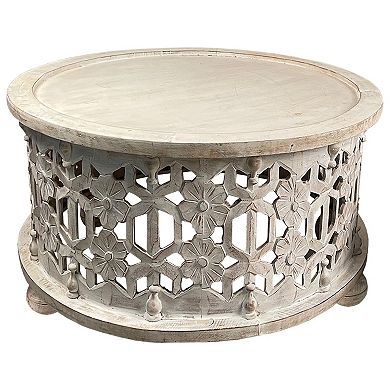 30 Inch Round 2 Piece Wood Coffee Table Set, Carved Floral Design, Antique White