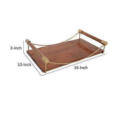 15 Inch Rectangular Wood Serving Tray with Matte Gold Trim, Brown