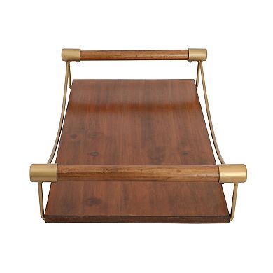15 Inch Rectangular Wood Serving Tray with Matte Gold Trim, Brown