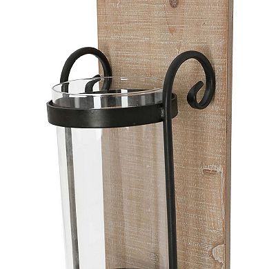 21 Inch Industrial Wall Mount Wood Candle Holder With Glass Hurrican, Set of 2, Black