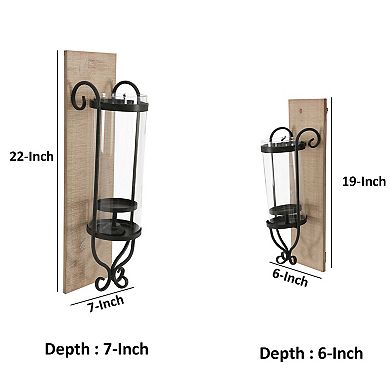 21 Inch Industrial Wall Mount Wood Candle Holder With Glass Hurrican, Set of 2, Black