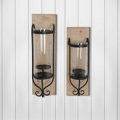 21 Inch Industrial Wall Mount Wood Candle Holder With Glass Hurrican, Set of 2, Black