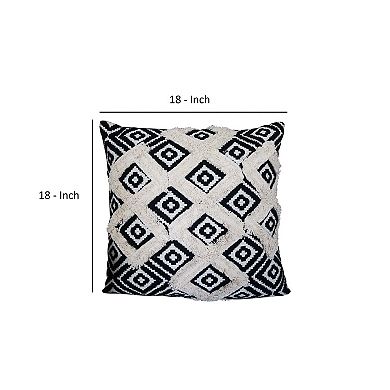 18 x 18 Handcrafted Square Jacquard Soft Cotton Accent Throw Pillow, Diamond Pattern, White, Black