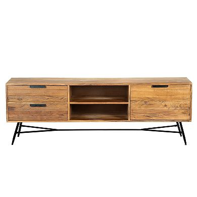 Roomy Wooden Media Console with Slanted Metal Base, Brown and Black